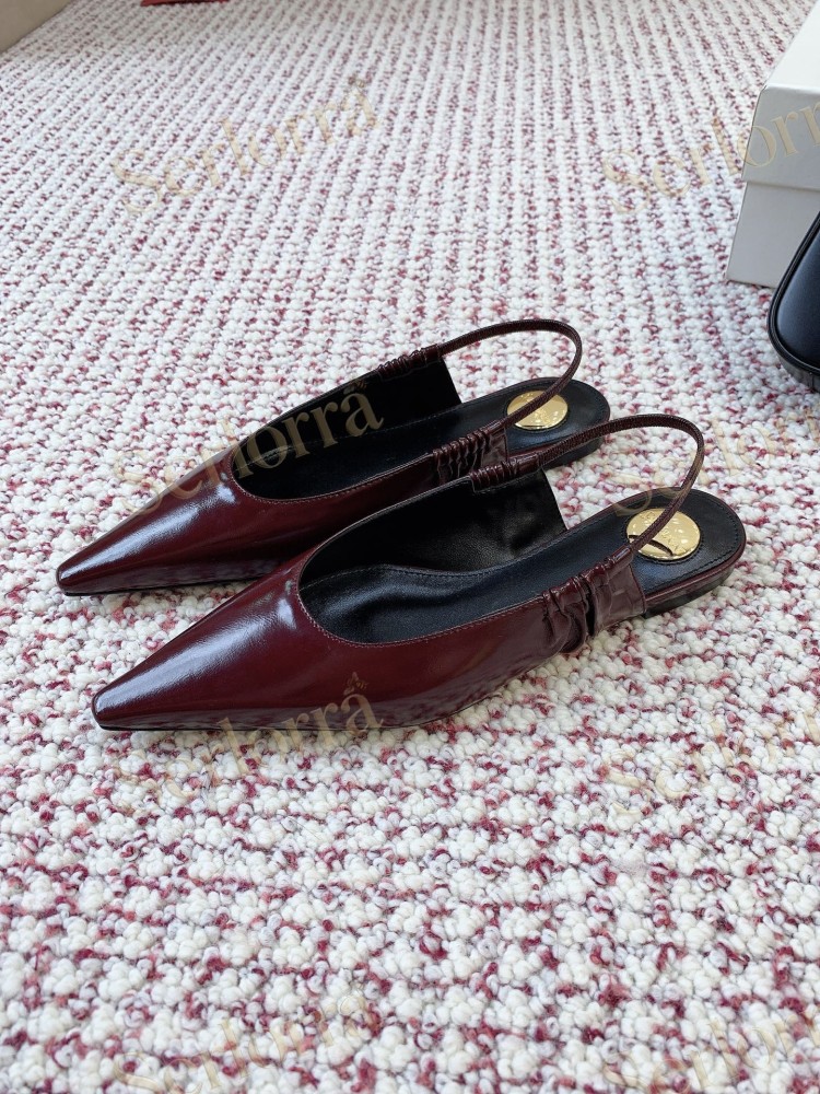SAINT LAURENT CAMEL SHINY PATENT LEATHER POINTED‑TOE SLINGBACK FLAT SHOES
