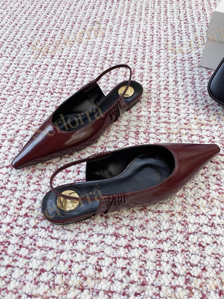 SAINT LAURENT CAMEL SHINY PATENT LEATHER POINTED‑TOE SLINGBACK FLAT SHOES