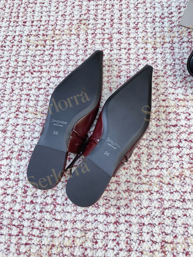 SAINT LAURENT CAMEL SHINY PATENT LEATHER POINTED‑TOE SLINGBACK FLAT SHOES