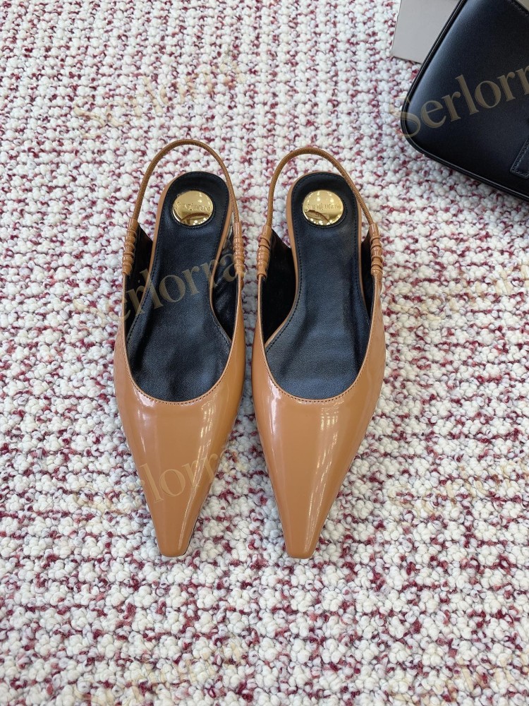 SAINT LAURENT CAMEL SHINY PATENT LEATHER POINTED‑TOE SLINGBACK FLAT SHOES