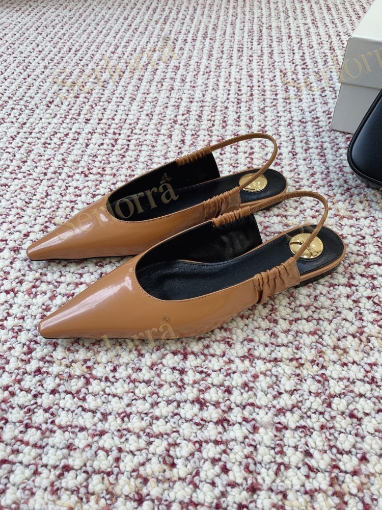 SAINT LAURENT CAMEL SHINY PATENT LEATHER POINTED‑TOE SLINGBACK FLAT SHOES