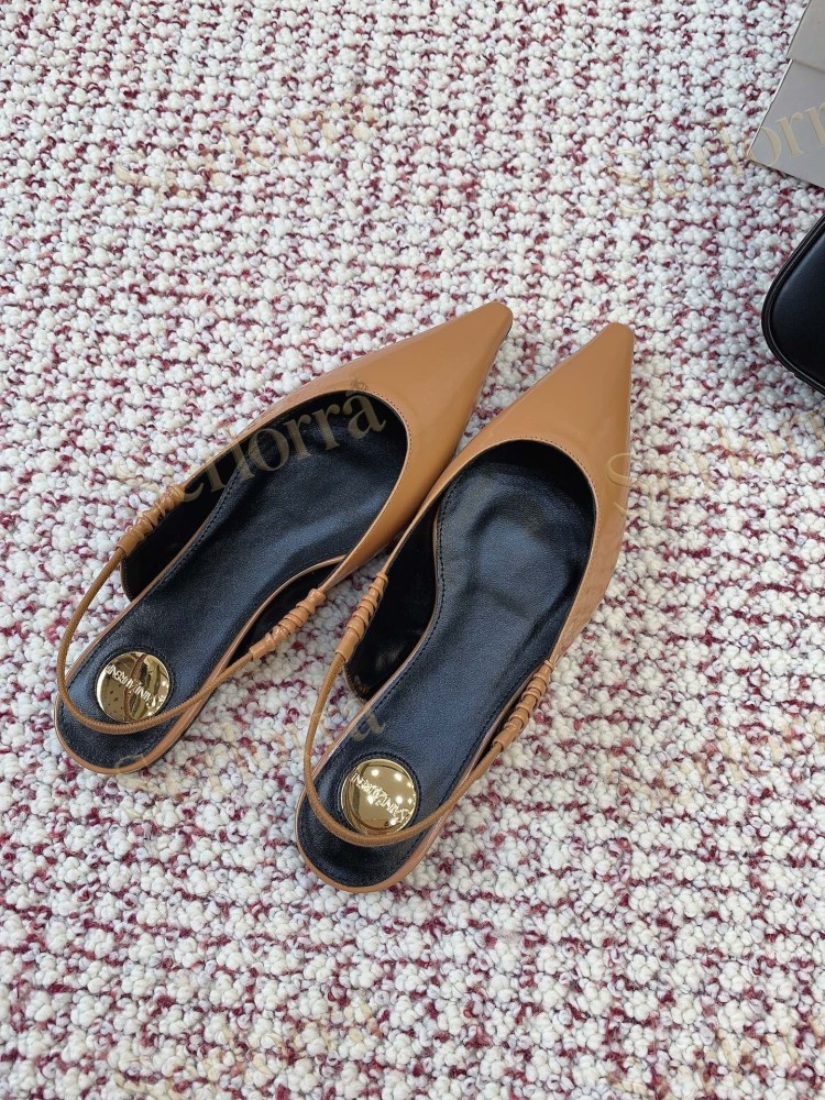 SAINT LAURENT CAMEL SHINY PATENT LEATHER POINTED‑TOE SLINGBACK FLAT SHOES