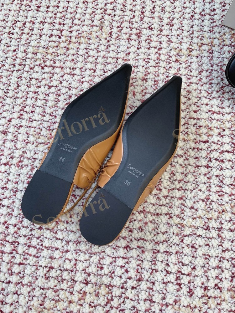 SAINT LAURENT CAMEL SHINY PATENT LEATHER POINTED‑TOE SLINGBACK FLAT SHOES