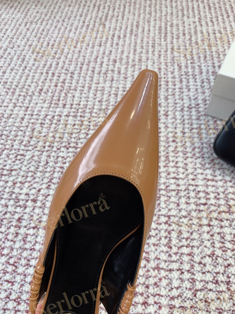 SAINT LAURENT CAMEL SHINY PATENT LEATHER POINTED‑TOE SLINGBACK FLAT SHOES