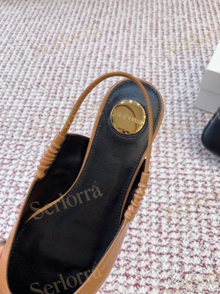 SAINT LAURENT CAMEL SHINY PATENT LEATHER POINTED‑TOE SLINGBACK FLAT SHOES