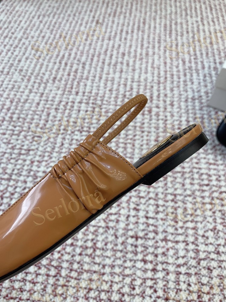SAINT LAURENT CAMEL SHINY PATENT LEATHER POINTED‑TOE SLINGBACK FLAT SHOES