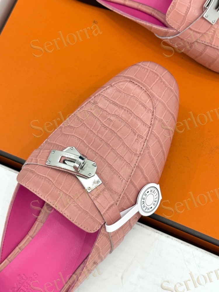 HERMÈS CROCODILE‑EFFECT LEATHER KELLY BUCKLE BACKLESS LOAFER MULES