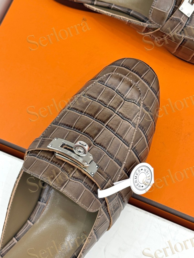 HERMÈS CROCODILE‑EFFECT LEATHER KELLY BUCKLE BACKLESS LOAFER MULES