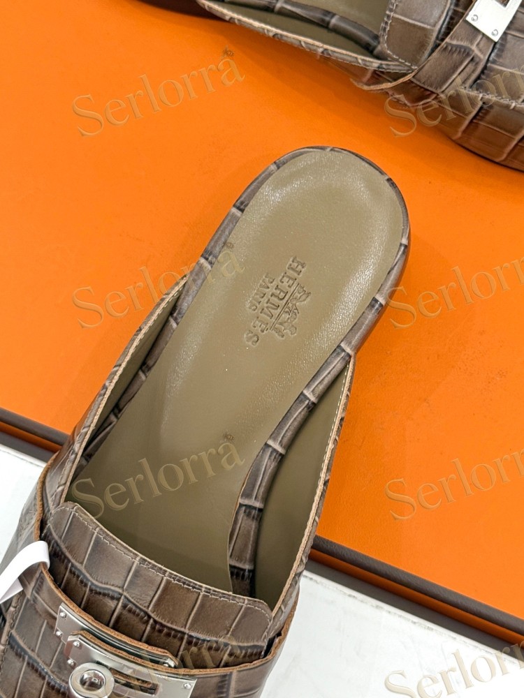 HERMÈS CROCODILE‑EFFECT LEATHER KELLY BUCKLE BACKLESS LOAFER MULES