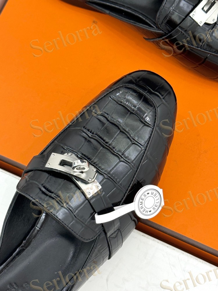 HERMÈS CROCODILE‑EFFECT LEATHER KELLY BUCKLE BACKLESS LOAFER MULES