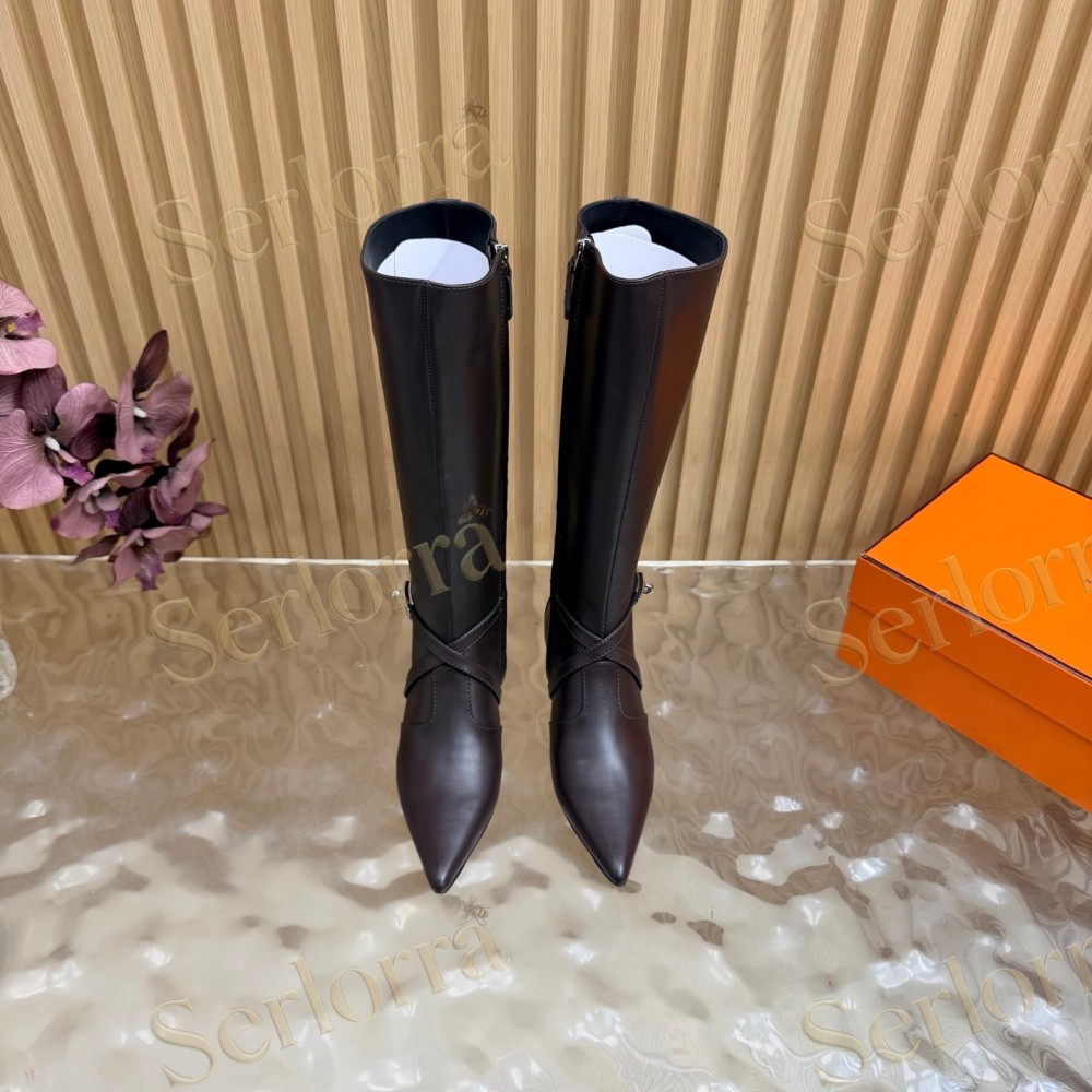 HERMÈS SMOOTH LEATHER POINTED‑TOE FLAT KNEE‑HIGH BOOTS