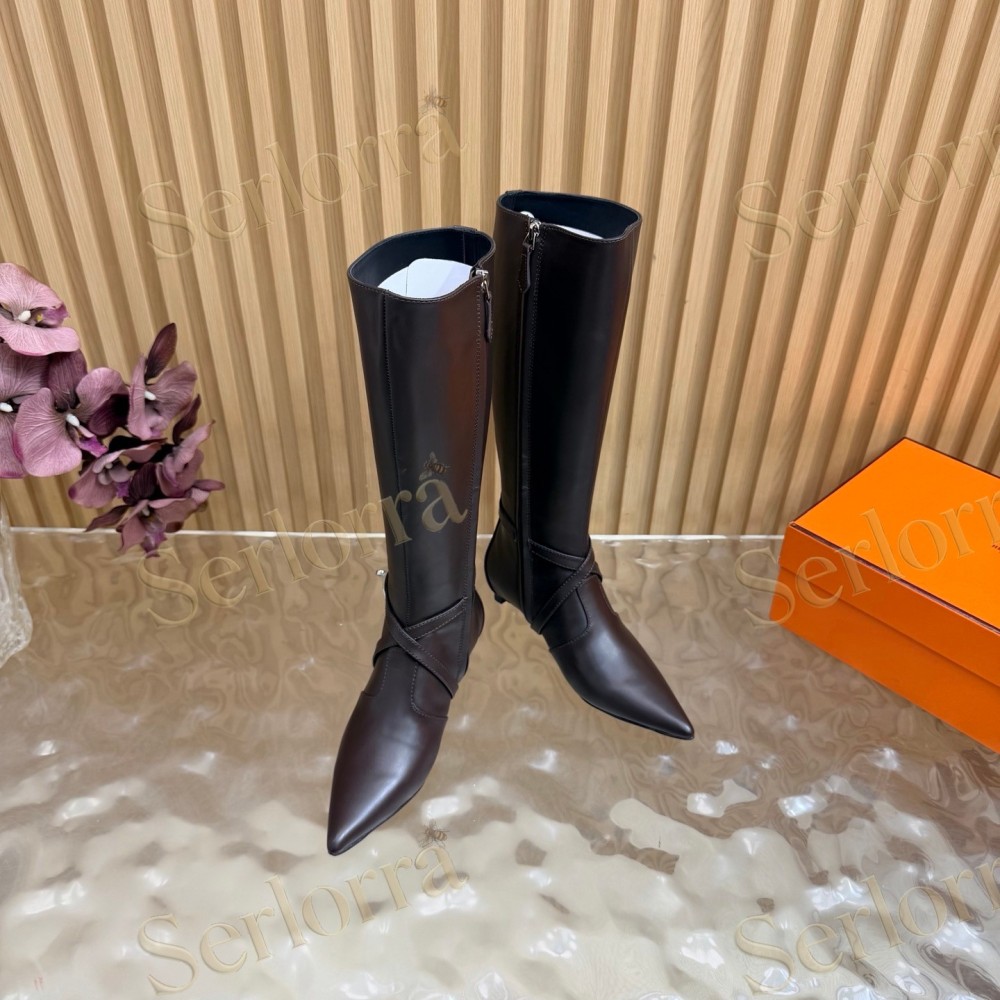 HERMÈS SMOOTH LEATHER POINTED‑TOE FLAT KNEE‑HIGH BOOTS