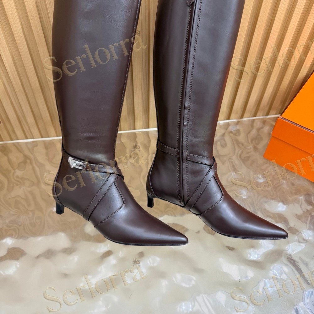 HERMÈS SMOOTH LEATHER POINTED‑TOE FLAT KNEE‑HIGH BOOTS