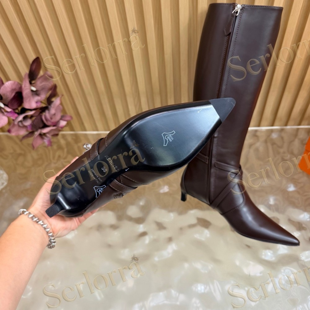 HERMÈS SMOOTH LEATHER POINTED‑TOE FLAT KNEE‑HIGH BOOTS