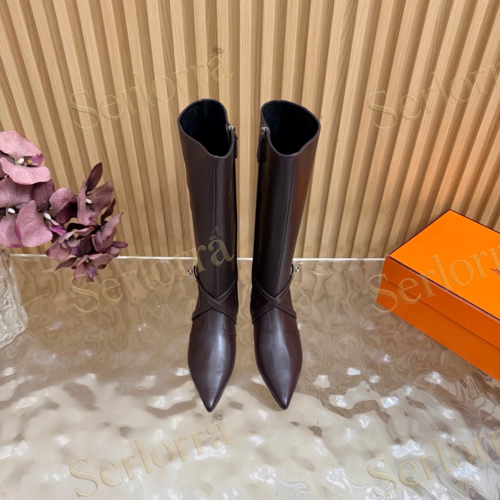 HERMÈS SMOOTH LEATHER POINTED‑TOE FLAT KNEE‑HIGH BOOTS