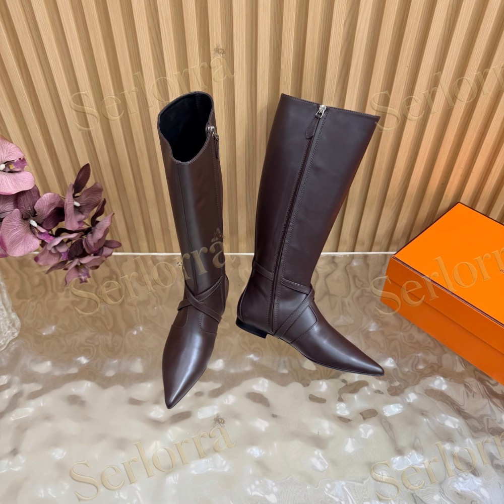 HERMÈS SMOOTH LEATHER POINTED‑TOE FLAT KNEE‑HIGH BOOTS