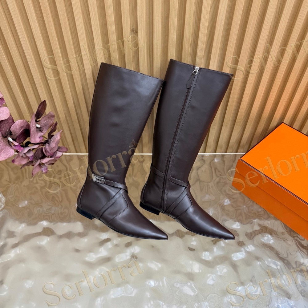 HERMÈS SMOOTH LEATHER POINTED‑TOE FLAT KNEE‑HIGH BOOTS