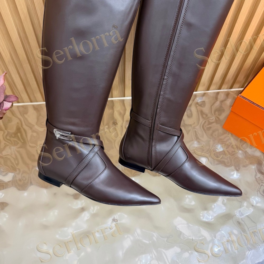 HERMÈS SMOOTH LEATHER POINTED‑TOE FLAT KNEE‑HIGH BOOTS