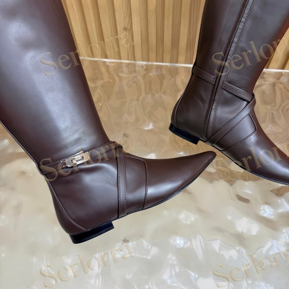 HERMÈS SMOOTH LEATHER POINTED‑TOE FLAT KNEE‑HIGH BOOTS
