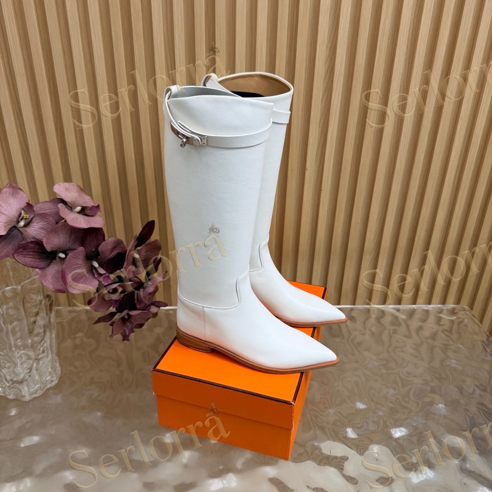 SERLORRA WHITE LEATHER POINTED‑TOE BUCKLE LOW‑HEEL KNEE‑HIGH BOOTS