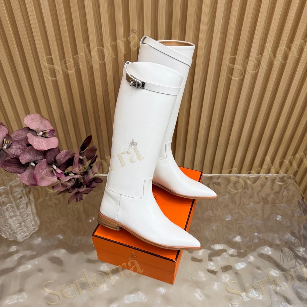 SERLORRA WHITE LEATHER POINTED‑TOE BUCKLE LOW‑HEEL KNEE‑HIGH BOOTS