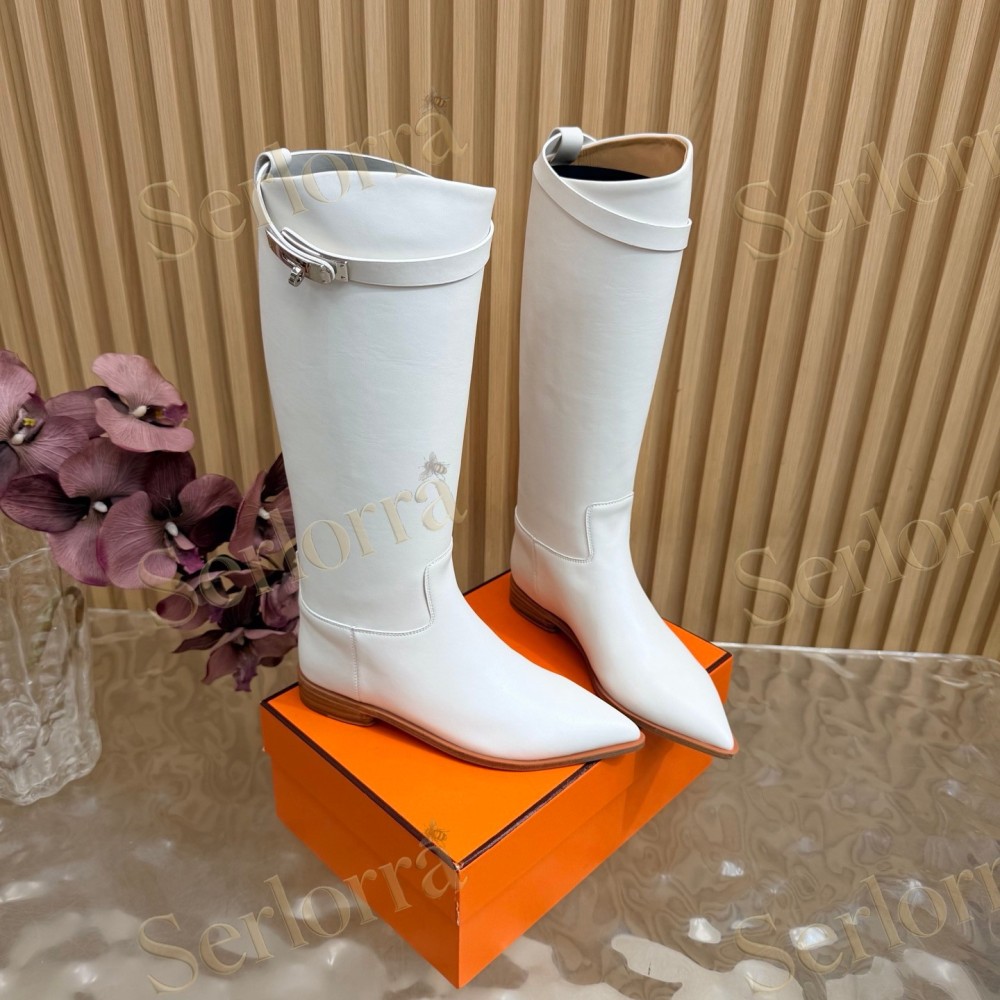 SERLORRA WHITE LEATHER POINTED‑TOE BUCKLE LOW‑HEEL KNEE‑HIGH BOOTS
