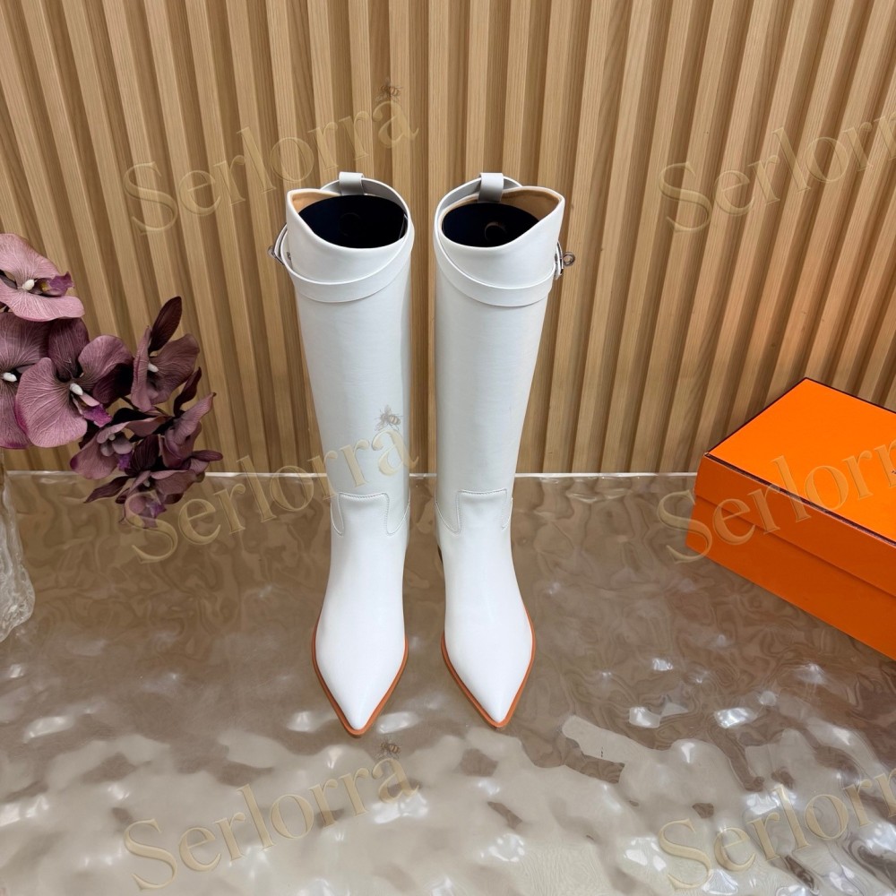 SERLORRA WHITE LEATHER POINTED‑TOE BUCKLE LOW‑HEEL KNEE‑HIGH BOOTS