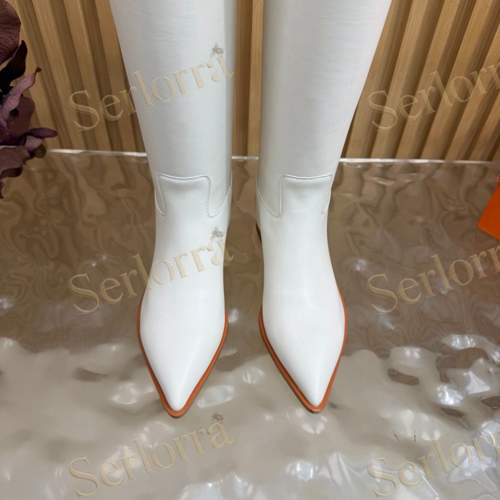 SERLORRA WHITE LEATHER POINTED‑TOE BUCKLE LOW‑HEEL KNEE‑HIGH BOOTS