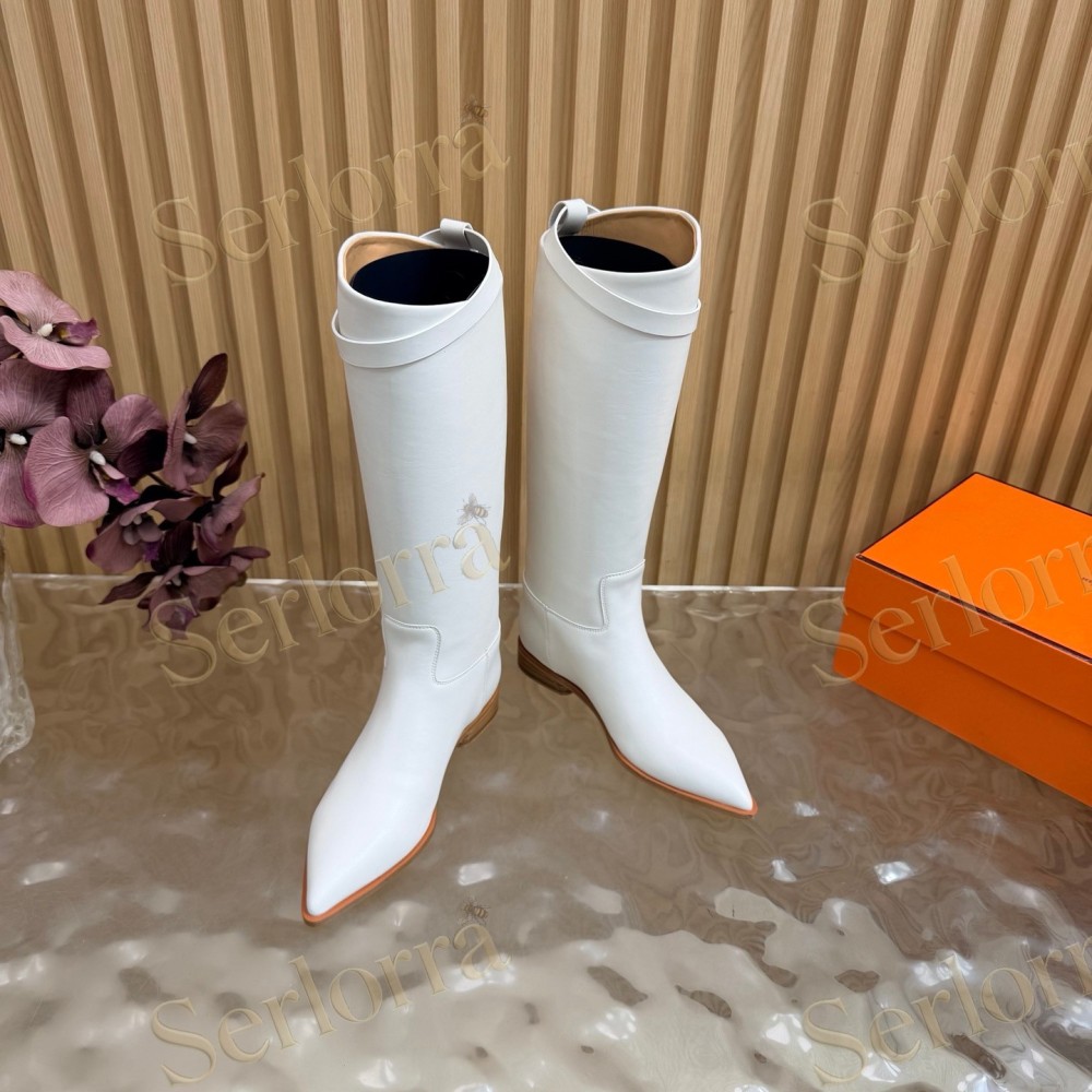 SERLORRA WHITE LEATHER POINTED‑TOE BUCKLE LOW‑HEEL KNEE‑HIGH BOOTS