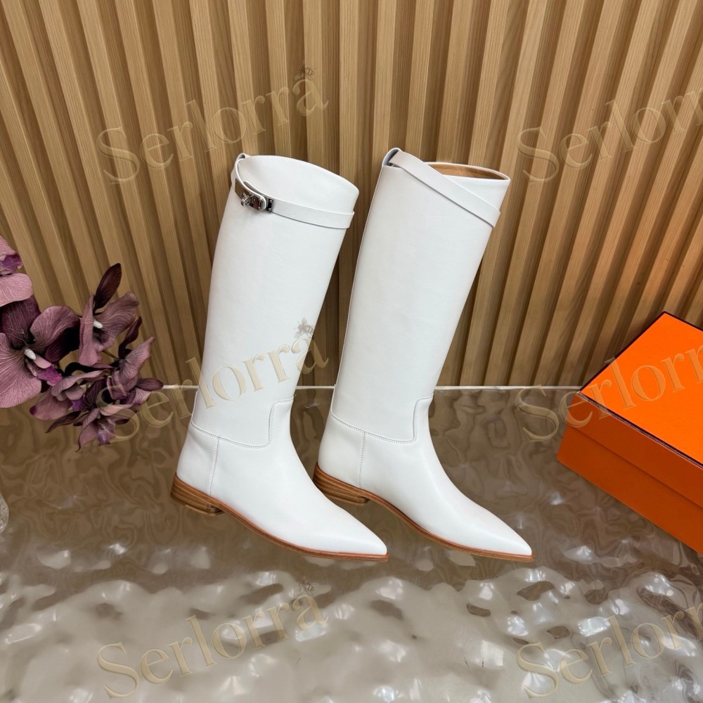 SERLORRA WHITE LEATHER POINTED‑TOE BUCKLE LOW‑HEEL KNEE‑HIGH BOOTS
