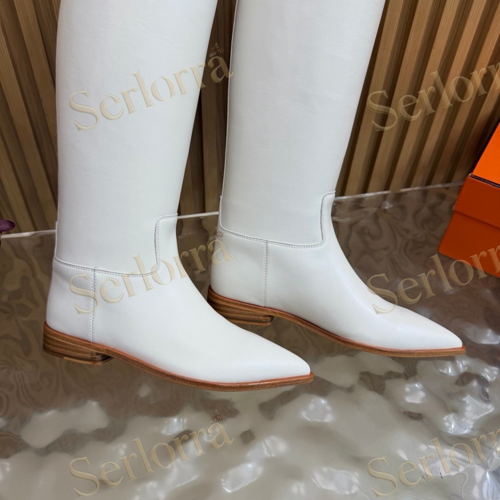 SERLORRA WHITE LEATHER POINTED‑TOE BUCKLE LOW‑HEEL KNEE‑HIGH BOOTS