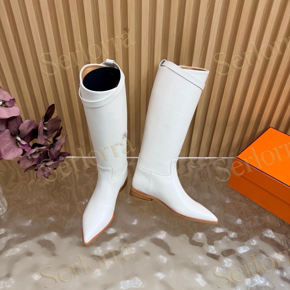 SERLORRA WHITE LEATHER POINTED‑TOE BUCKLE LOW‑HEEL KNEE‑HIGH BOOTS