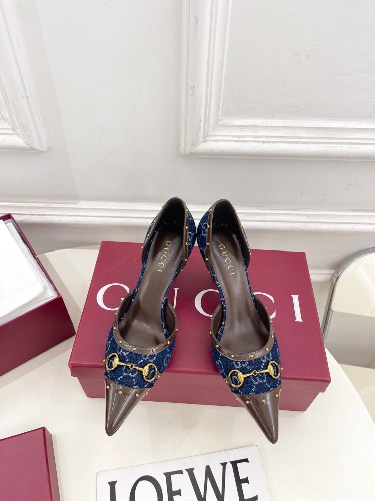 GUCCI GG CANVAS HORSEBIT STUDDED POINTED TOE D'ORSAY HIGH HEELS
