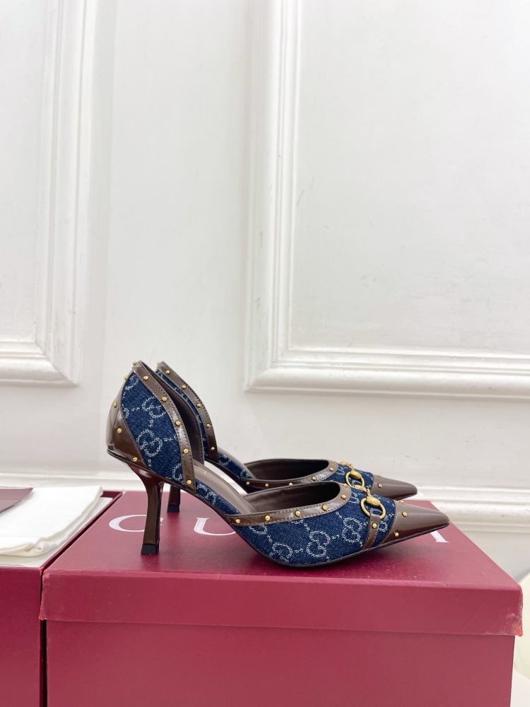 GUCCI GG CANVAS HORSEBIT STUDDED POINTED TOE D'ORSAY HIGH HEELS