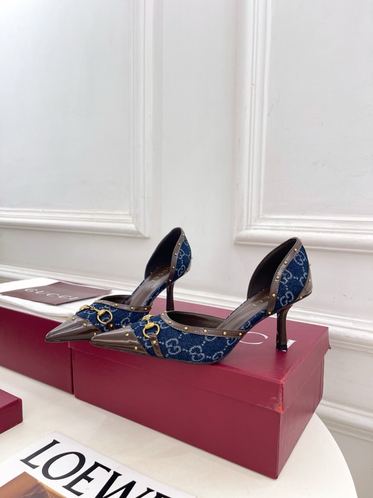GUCCI GG CANVAS HORSEBIT STUDDED POINTED TOE D'ORSAY HIGH HEELS