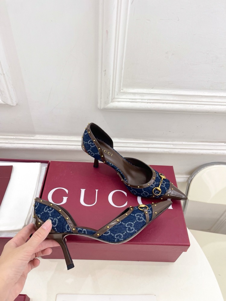 GUCCI GG CANVAS HORSEBIT STUDDED POINTED TOE D'ORSAY HIGH HEELS