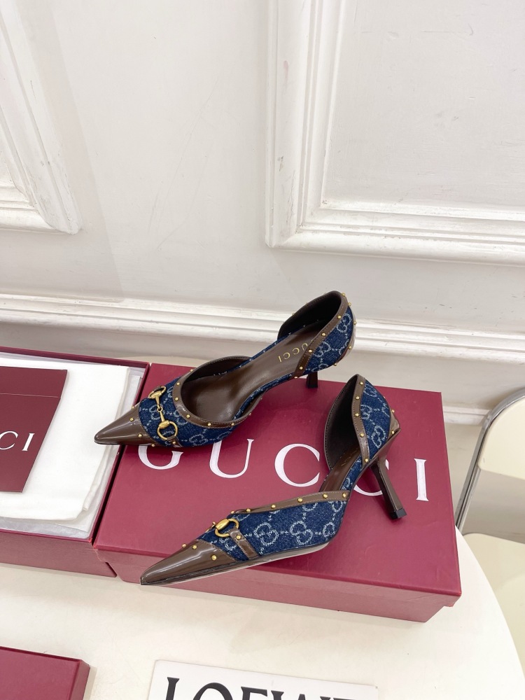 GUCCI GG CANVAS HORSEBIT STUDDED POINTED TOE D'ORSAY HIGH HEELS