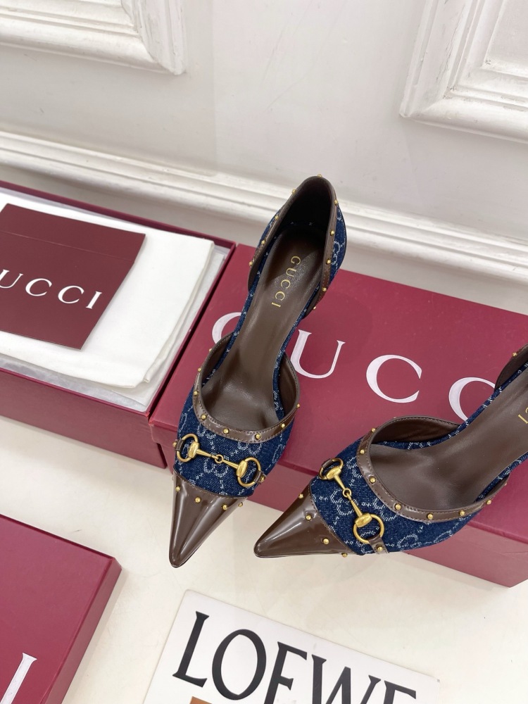 GUCCI GG CANVAS HORSEBIT STUDDED POINTED TOE D'ORSAY HIGH HEELS