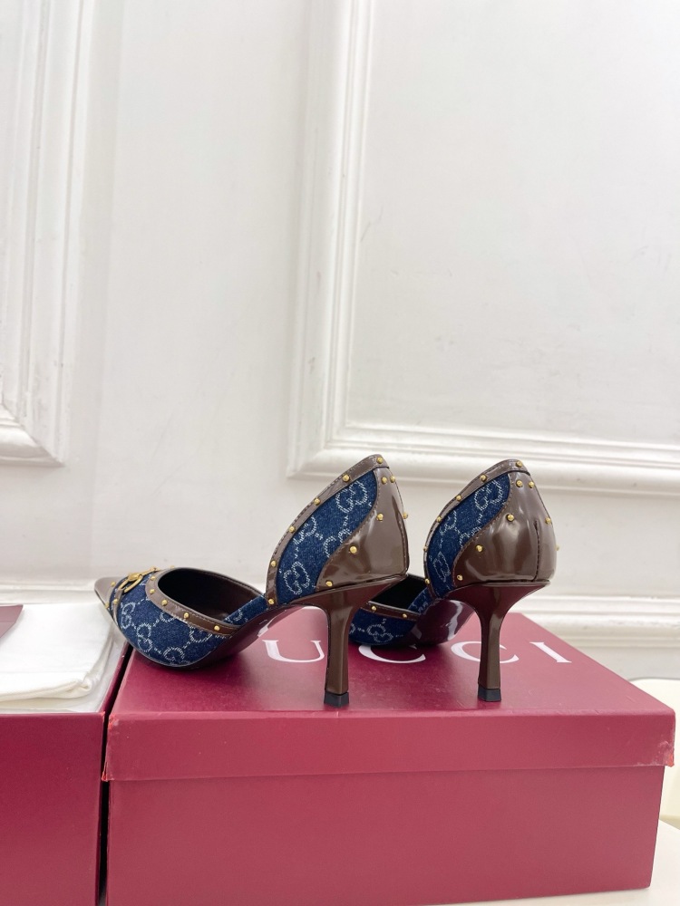 GUCCI GG CANVAS HORSEBIT STUDDED POINTED TOE D'ORSAY HIGH HEELS
