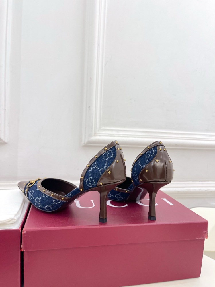 GUCCI GG CANVAS HORSEBIT STUDDED POINTED TOE D'ORSAY HIGH HEELS