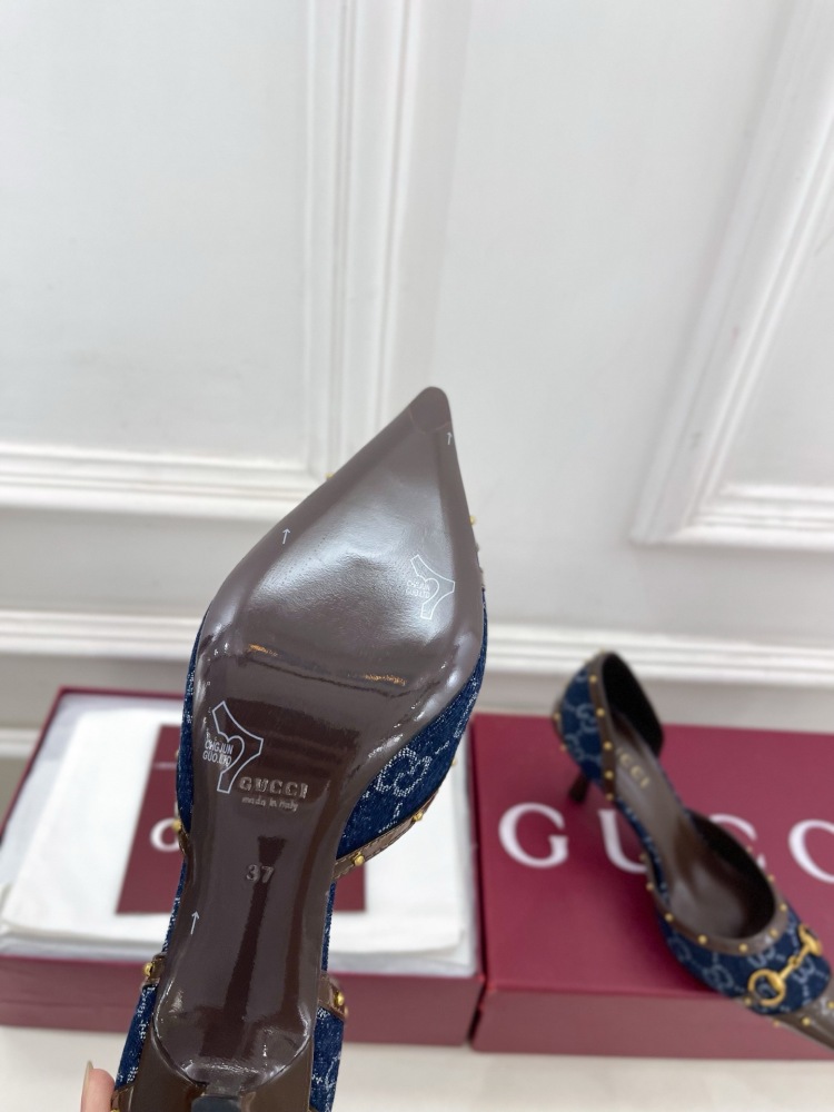 GUCCI GG CANVAS HORSEBIT STUDDED POINTED TOE D'ORSAY HIGH HEELS
