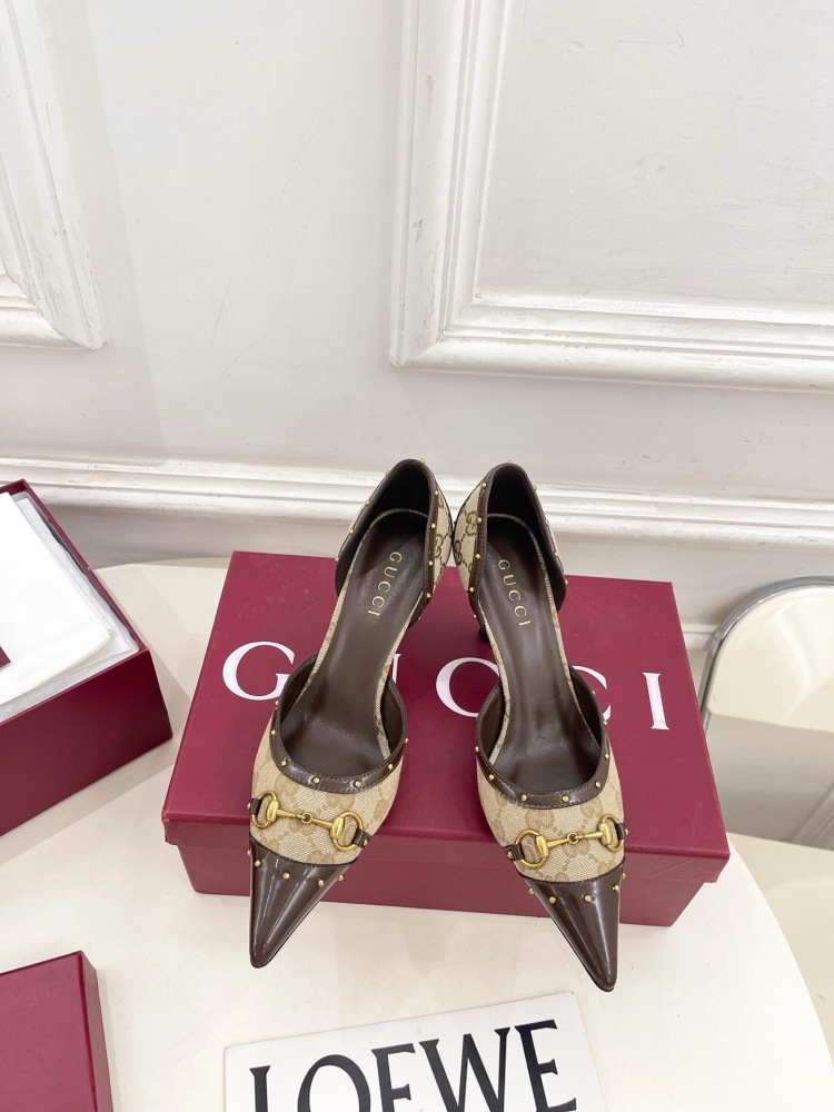 GUCCI GG CANVAS HORSEBIT STUDDED POINTED TOE D'ORSAY HIGH HEELS