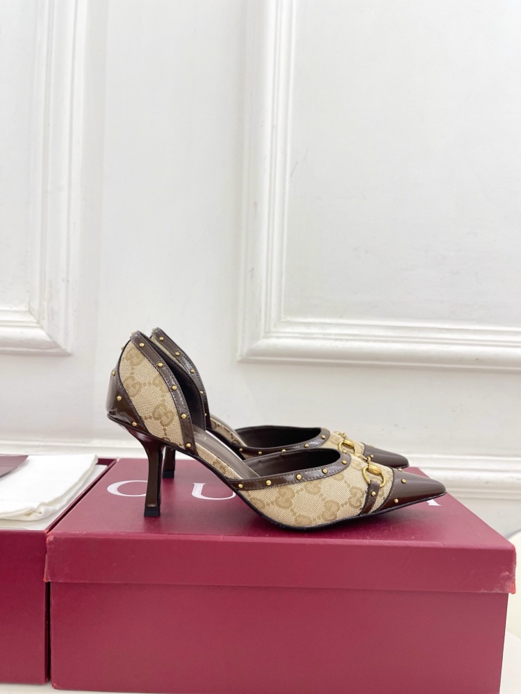GUCCI GG CANVAS HORSEBIT STUDDED POINTED TOE D'ORSAY HIGH HEELS