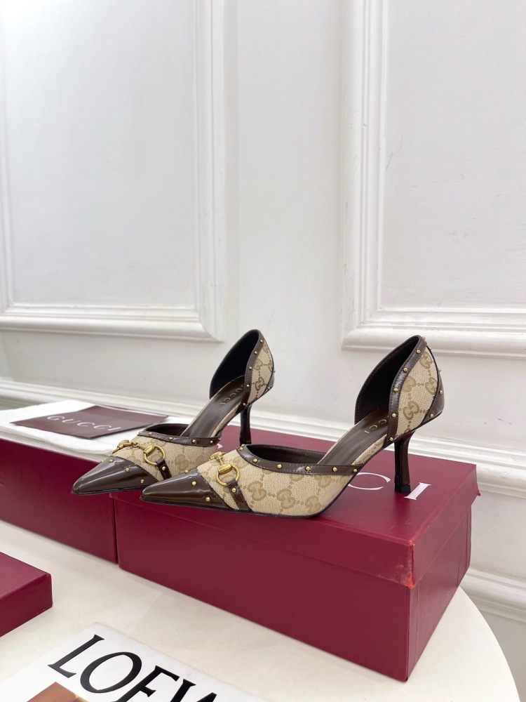 GUCCI GG CANVAS HORSEBIT STUDDED POINTED TOE D'ORSAY HIGH HEELS