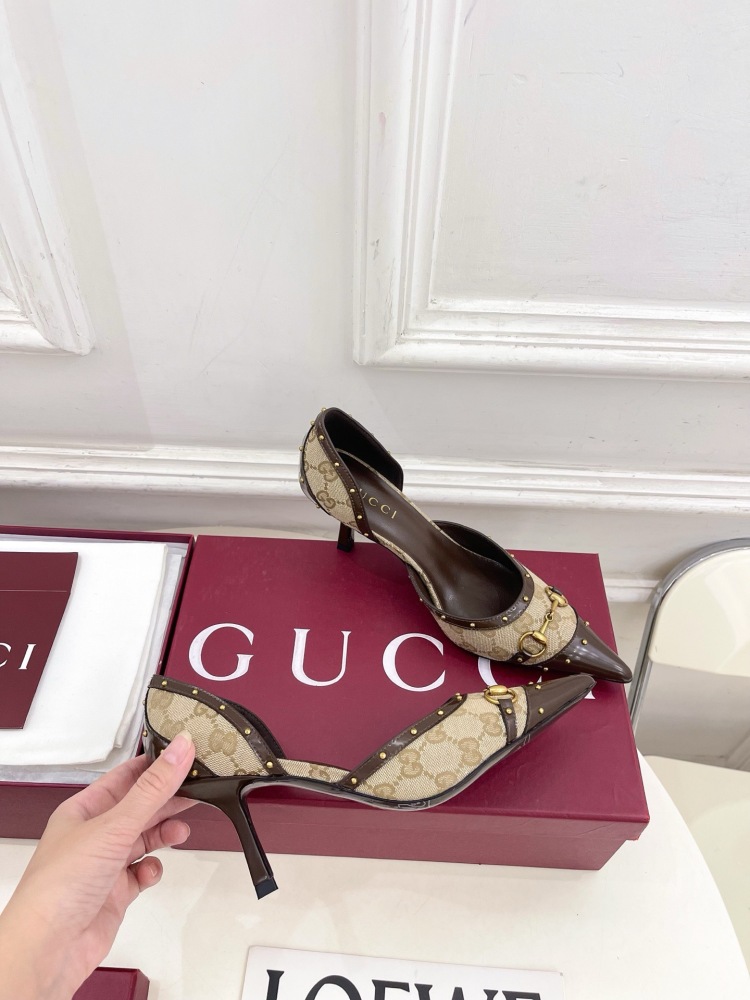 GUCCI GG CANVAS HORSEBIT STUDDED POINTED TOE D'ORSAY HIGH HEELS