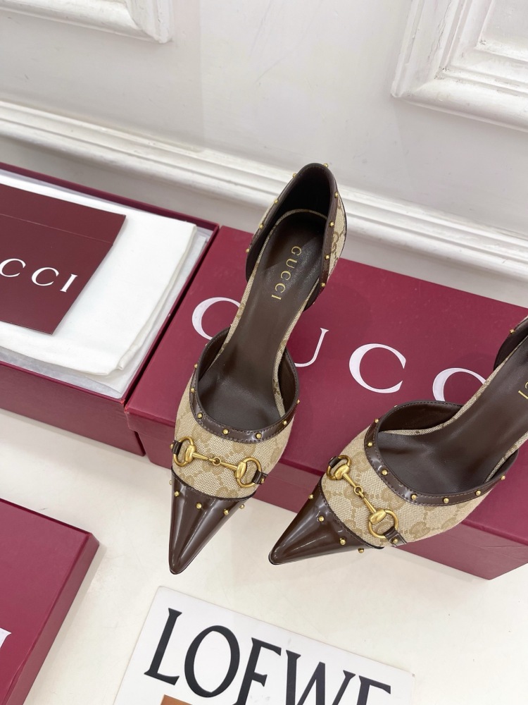 GUCCI GG CANVAS HORSEBIT STUDDED POINTED TOE D'ORSAY HIGH HEELS
