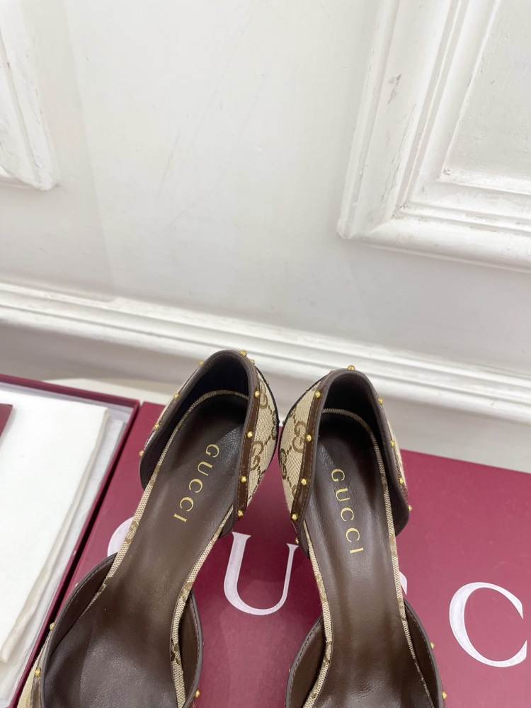 GUCCI GG CANVAS HORSEBIT STUDDED POINTED TOE D'ORSAY HIGH HEELS