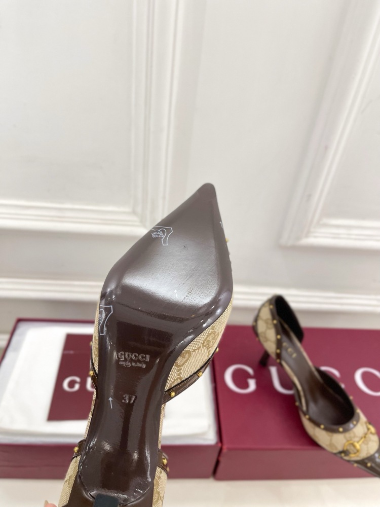 GUCCI GG CANVAS HORSEBIT STUDDED POINTED TOE D'ORSAY HIGH HEELS