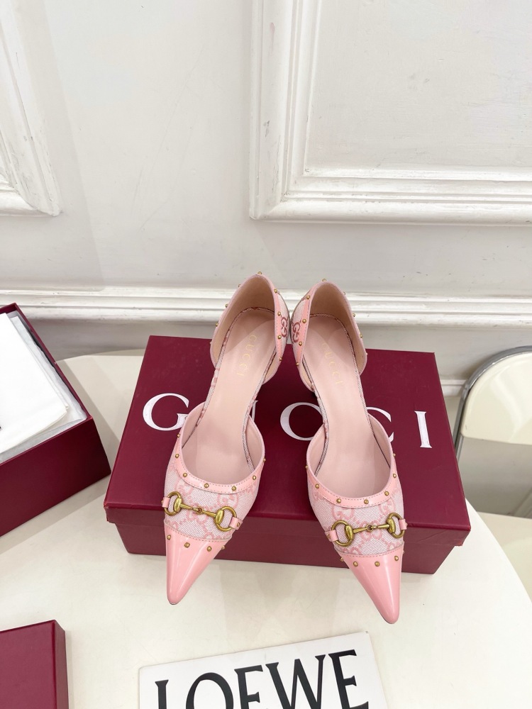GUCCI GG CANVAS HORSEBIT STUDDED POINTED TOE D'ORSAY HIGH HEELS