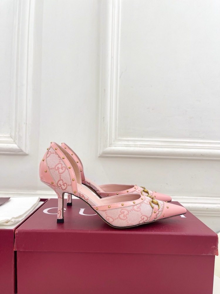 GUCCI GG CANVAS HORSEBIT STUDDED POINTED TOE D'ORSAY HIGH HEELS